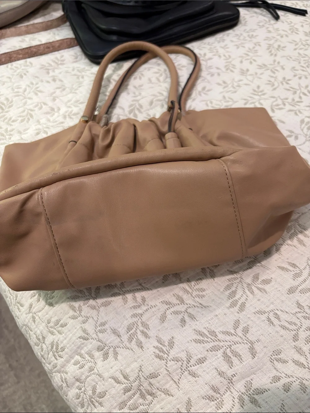 Neutral Tan Drawstring Shoulder Tote with Tassel Accent